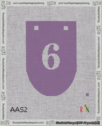 A taped needlepoint canvas with the design: Banner 18 mesh count Rounded 6 White on Purple.