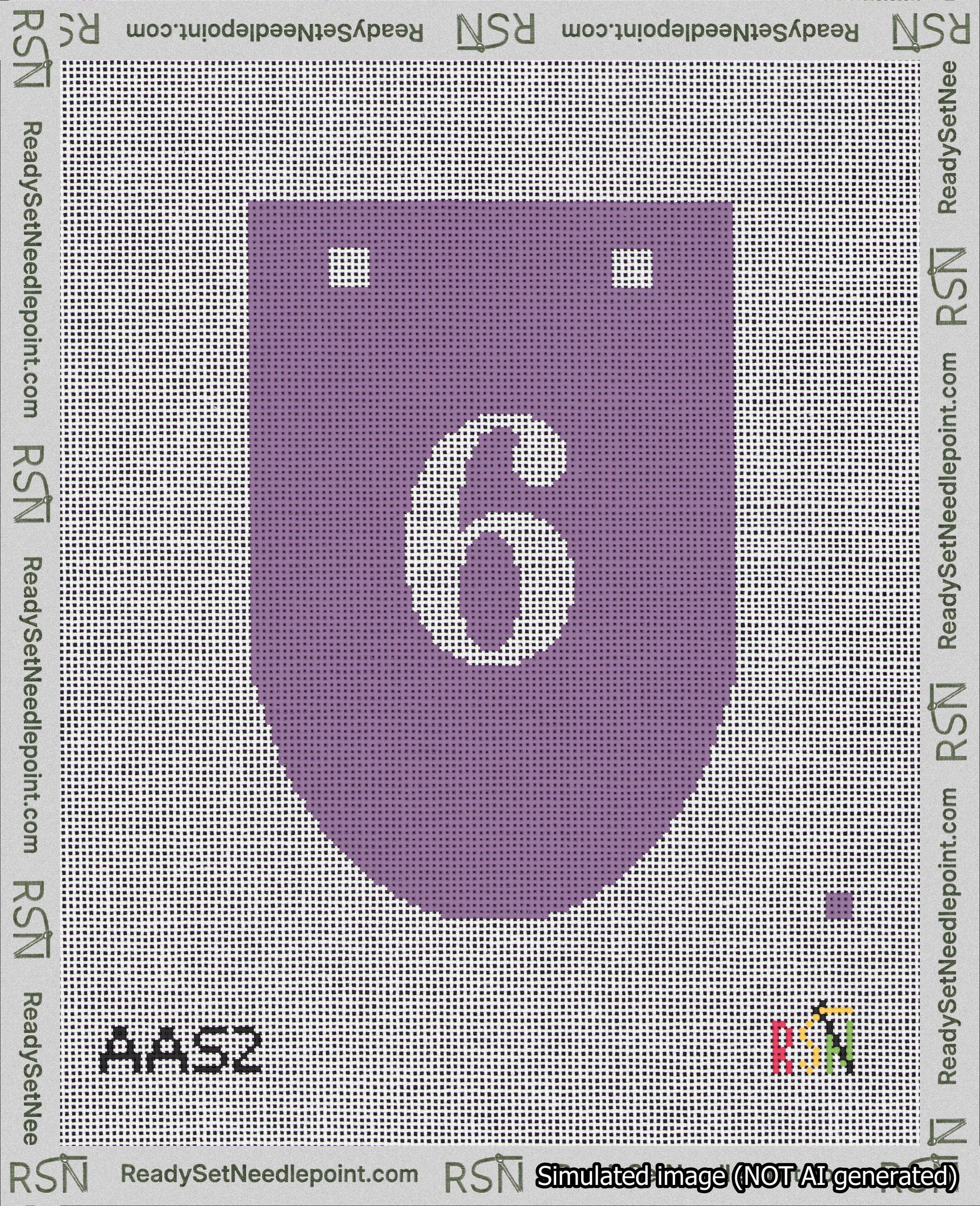 A taped needlepoint canvas with the design: Banner 18 mesh count Rounded 6 White on Purple.