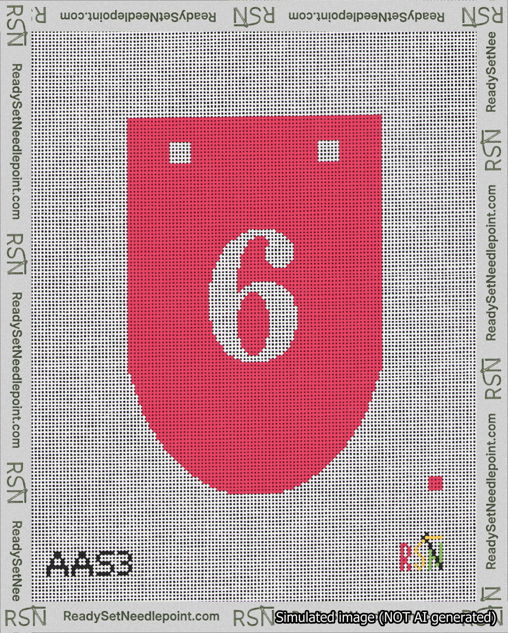 A taped needlepoint canvas with the design: Banner 18 mesh count Rounded 6 White on Red.