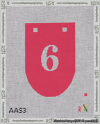 A taped needlepoint canvas with the design: Banner 18 mesh count Rounded 6 White on Red.