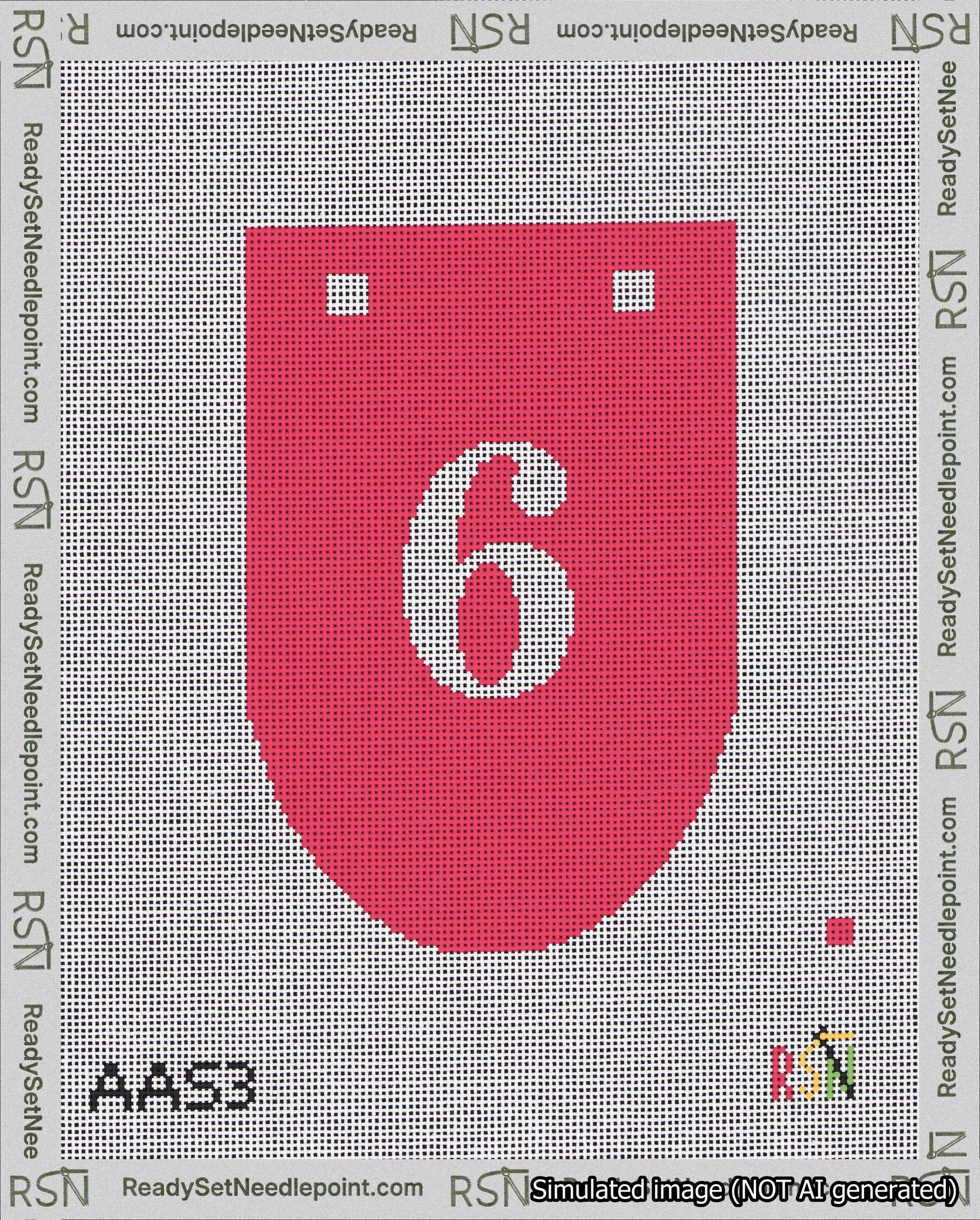 A taped needlepoint canvas with the design: Banner 18 mesh count Rounded 6 White on Red.