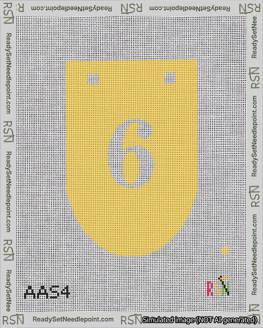 A taped needlepoint canvas with the design: Banner 18 mesh count Rounded 6 White on Yellow.