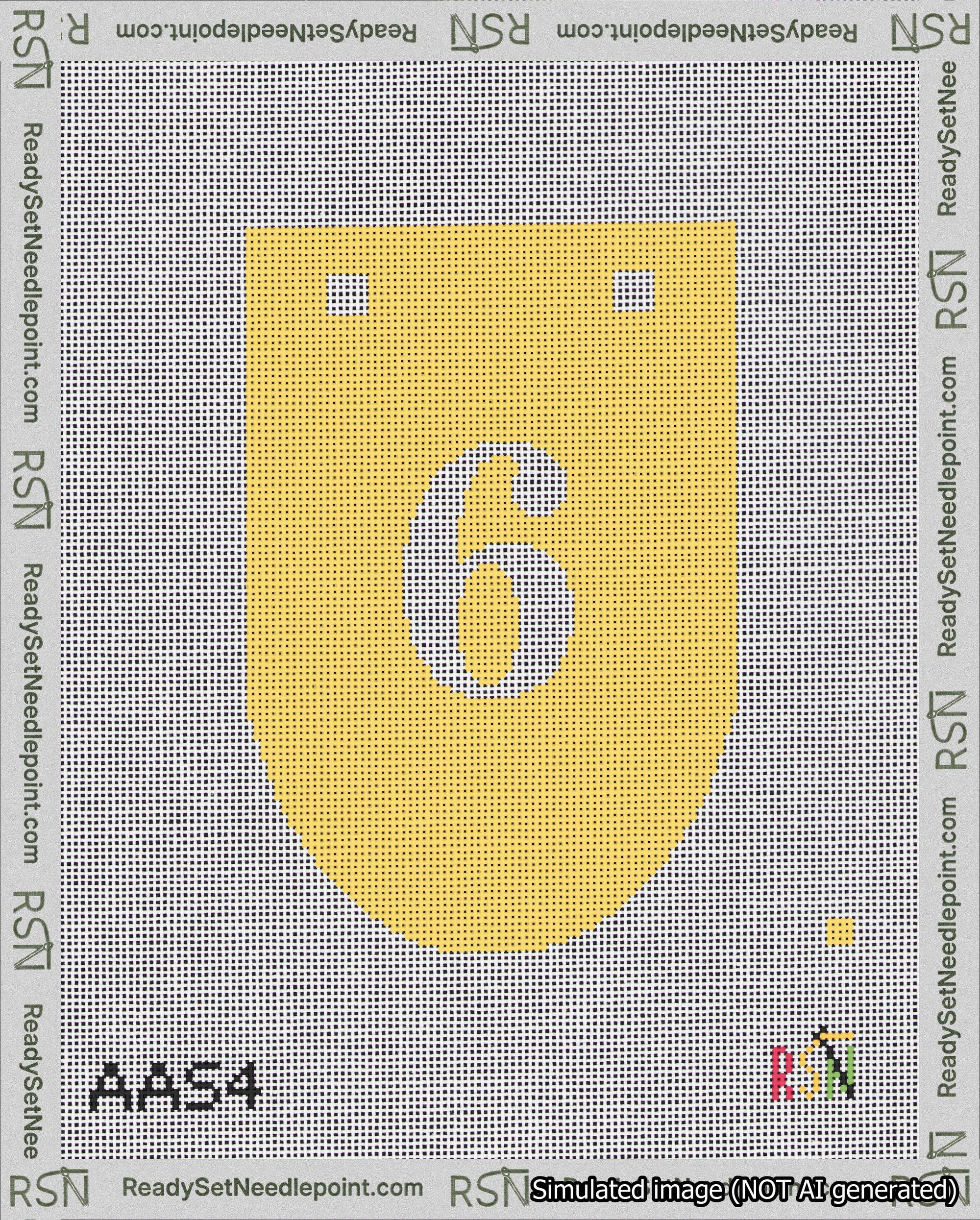 A taped needlepoint canvas with the design: Banner 18 mesh count Rounded 6 White on Yellow.