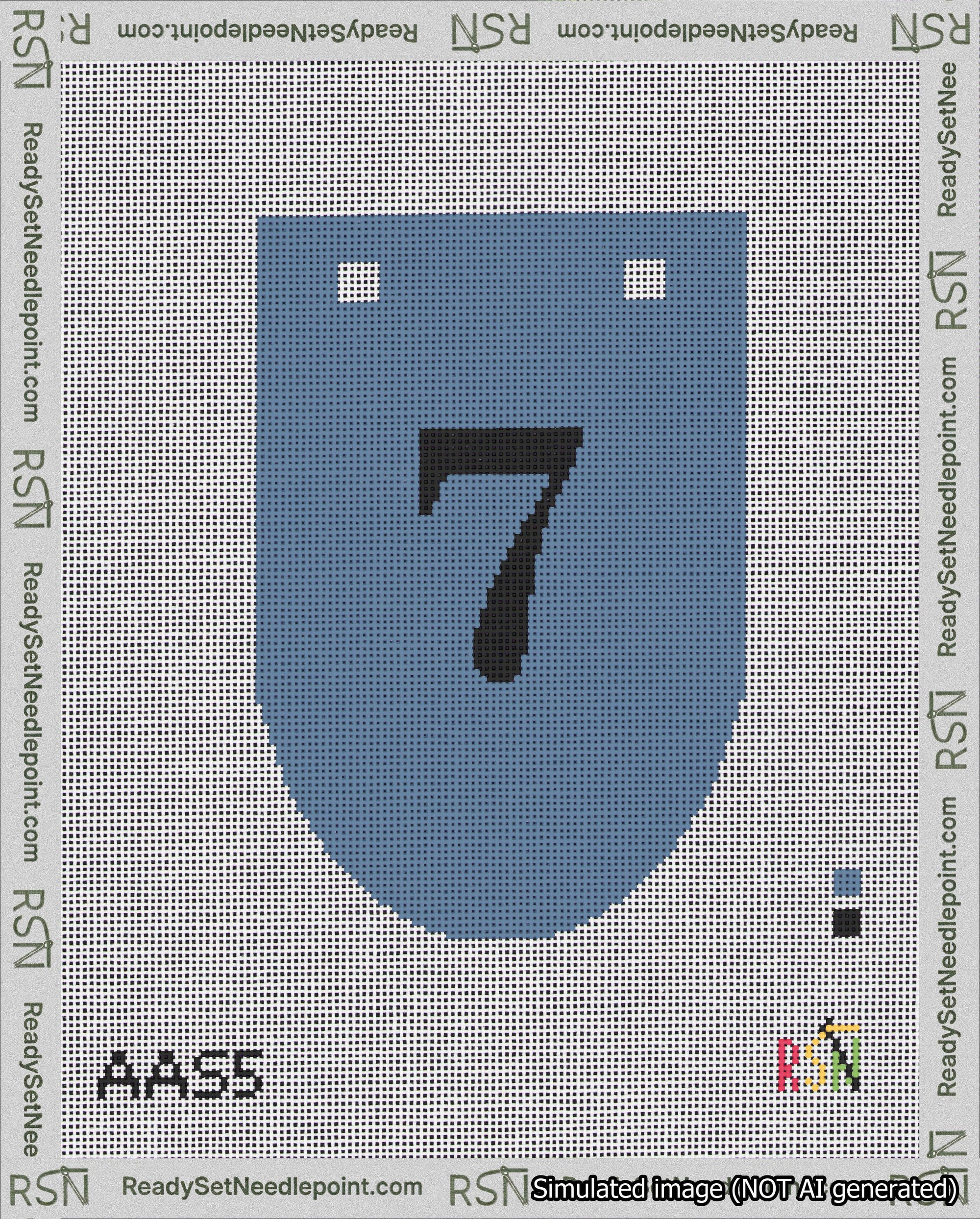 A taped needlepoint canvas with the design: Banner 18 mesh count Rounded 7 Black on Blue.