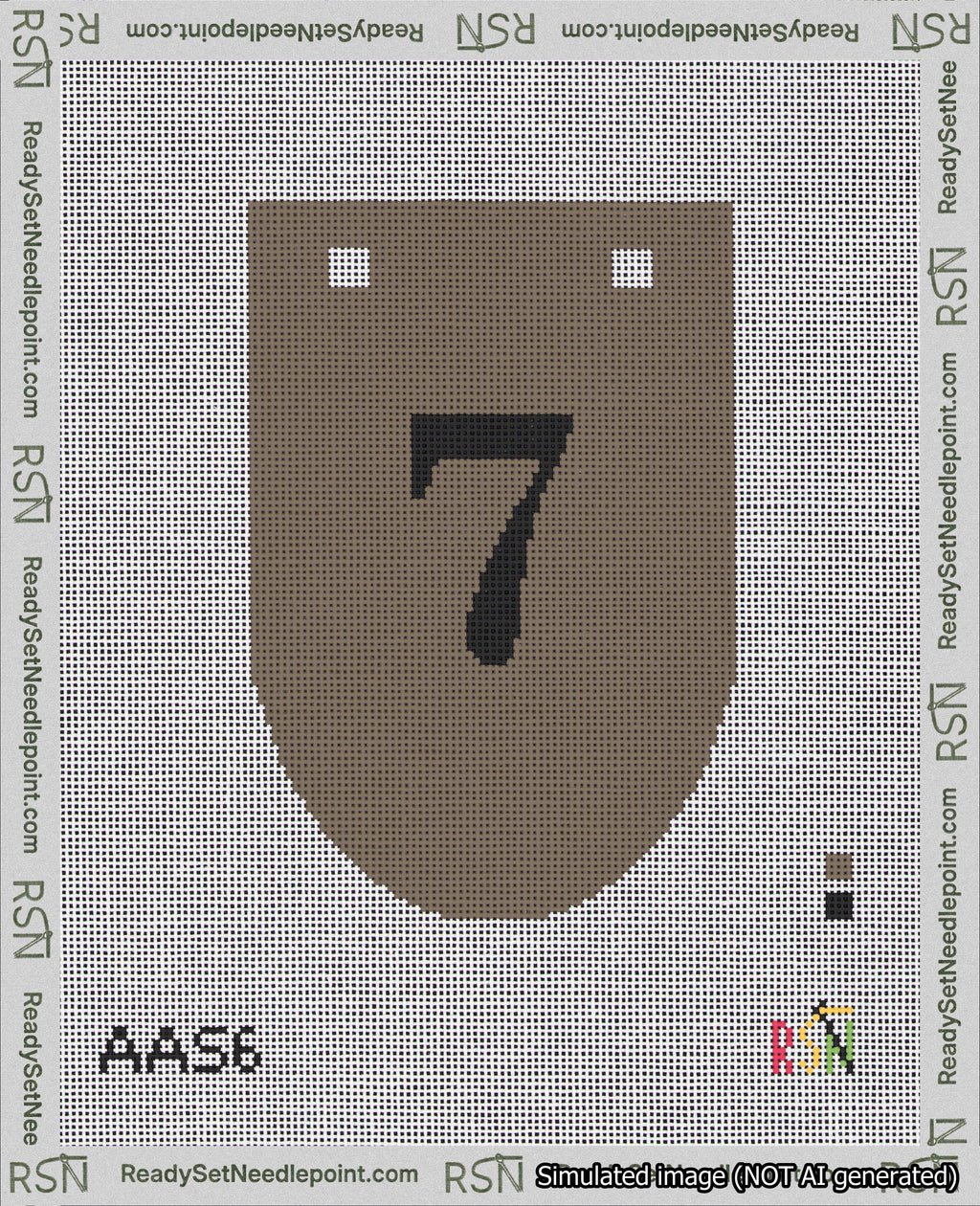 A taped needlepoint canvas with the design: Banner 18 mesh count Rounded 7 Black on Brown.