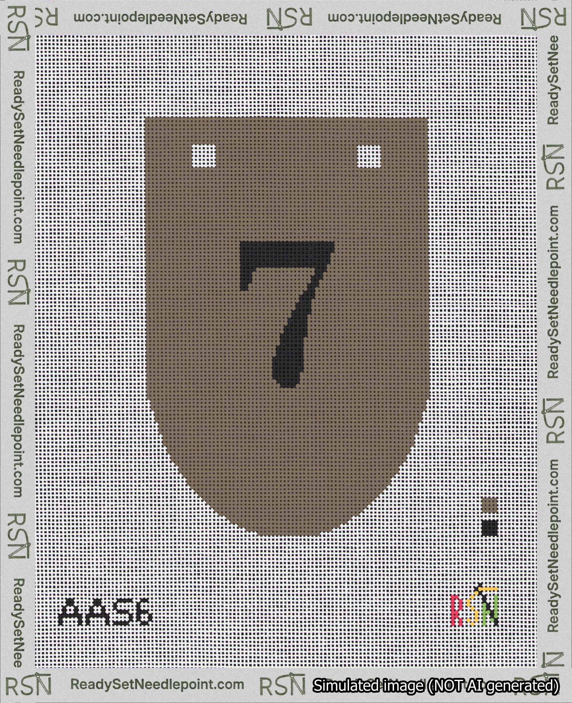 A taped needlepoint canvas with the design: Banner 18 mesh count Rounded 7 Black on Brown.