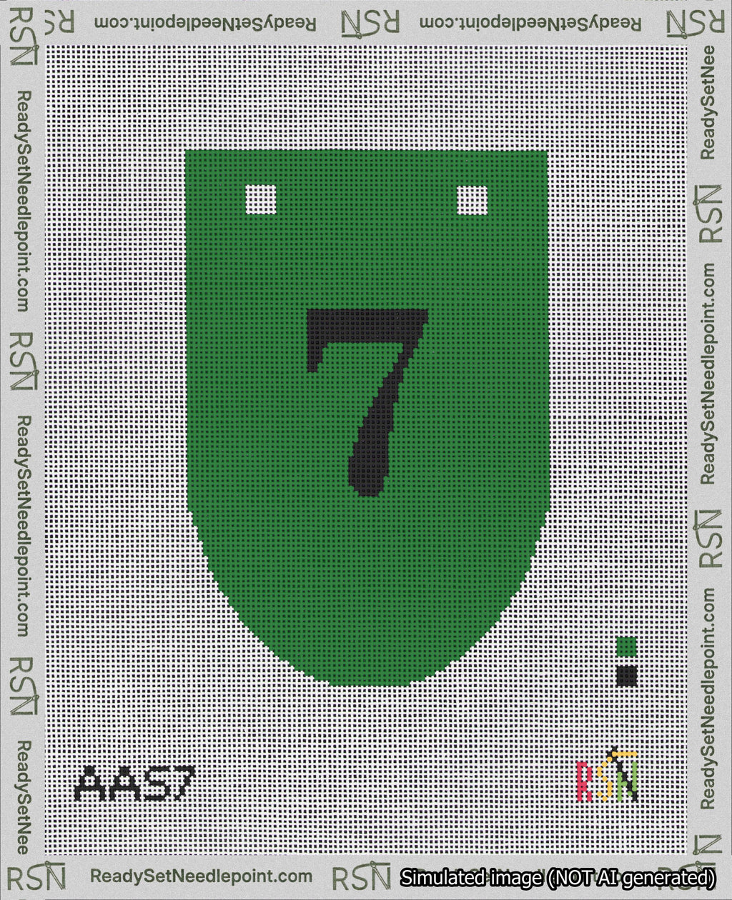 A taped needlepoint canvas with the design: Banner 18 mesh count Rounded 7 Black on Green.