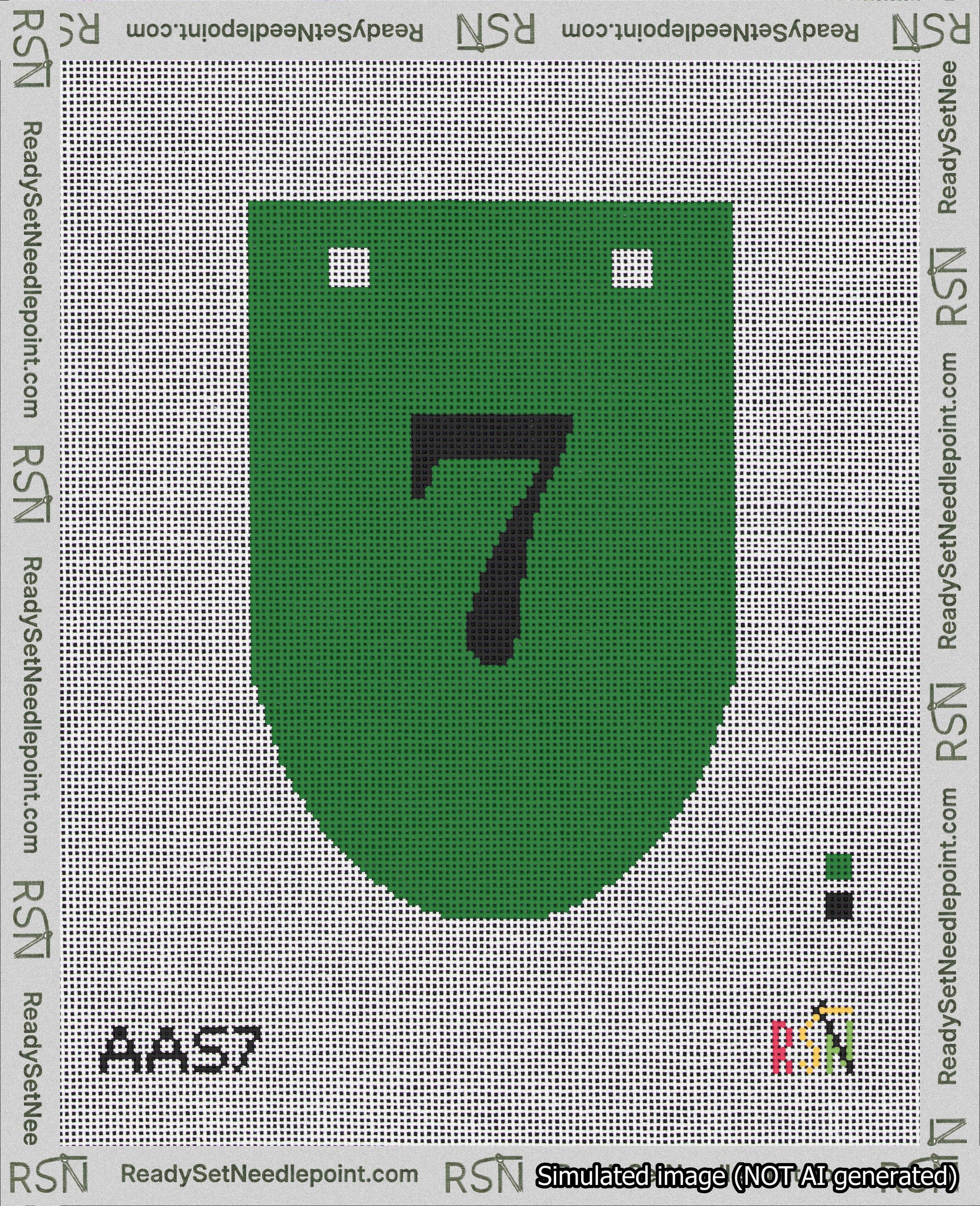 A taped needlepoint canvas with the design: Banner 18 mesh count Rounded 7 Black on Green.