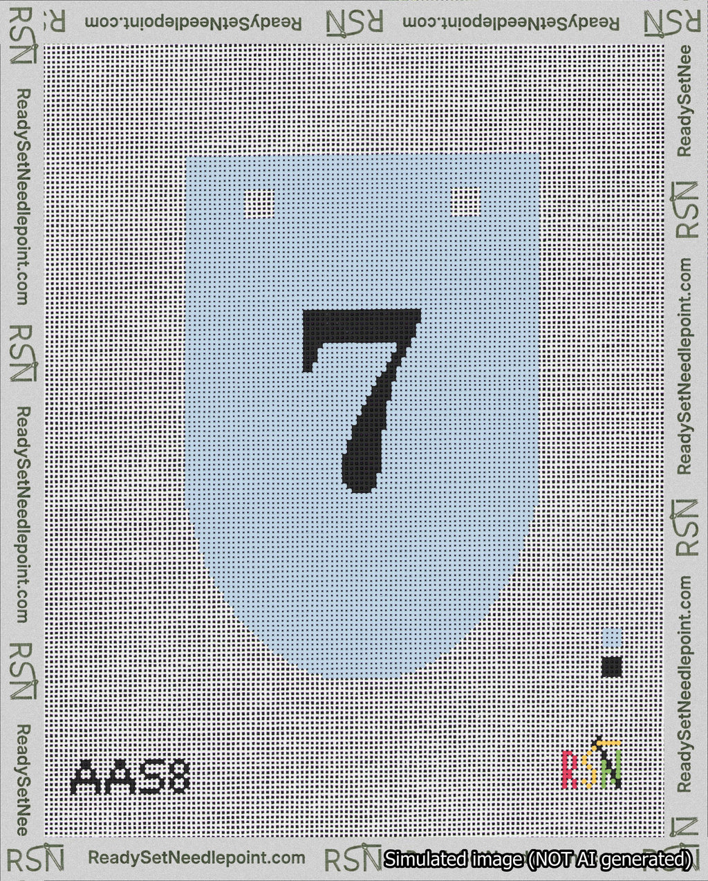 A taped needlepoint canvas with the design: Banner 18 mesh count Rounded 7 Black on Light Blue.