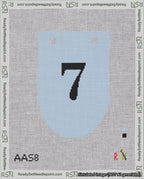 A taped needlepoint canvas with the design: Banner 18 mesh count Rounded 7 Black on Light Blue.