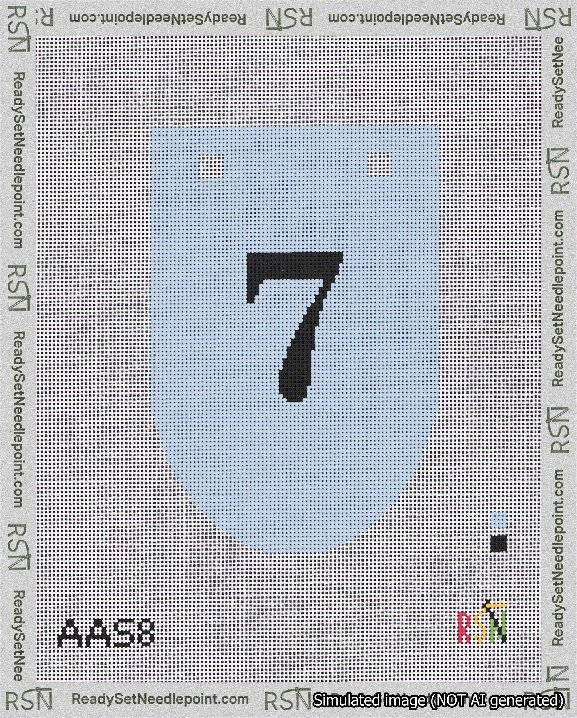 A taped needlepoint canvas with the design: Banner 18 mesh count Rounded 7 Black on Light Blue.
