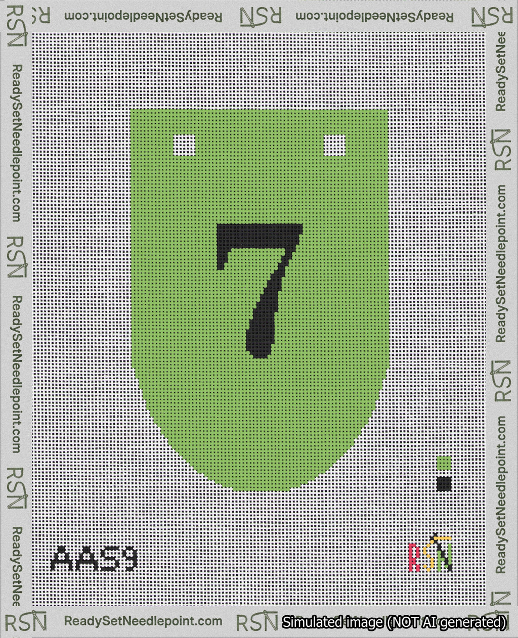 A taped needlepoint canvas with the design: Banner 18 mesh count Rounded 7 Black on Light Green.