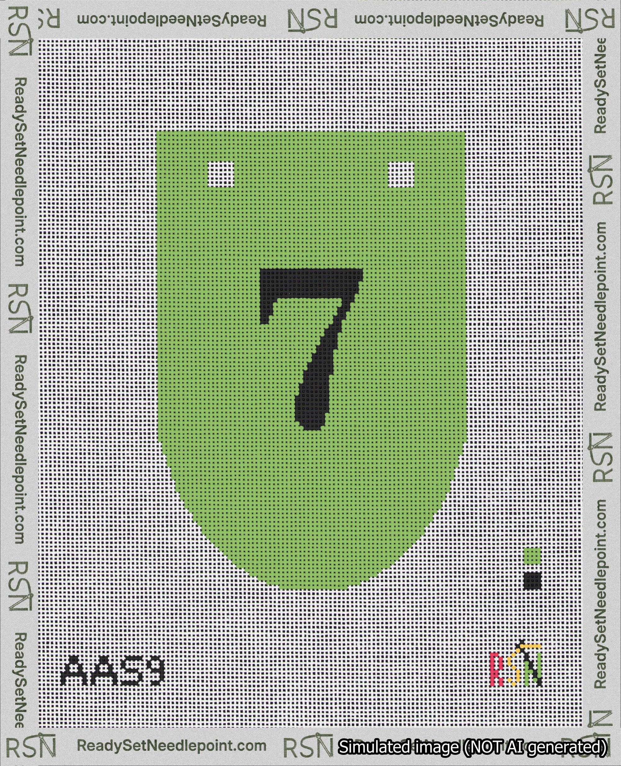 A taped needlepoint canvas with the design: Banner 18 mesh count Rounded 7 Black on Light Green.