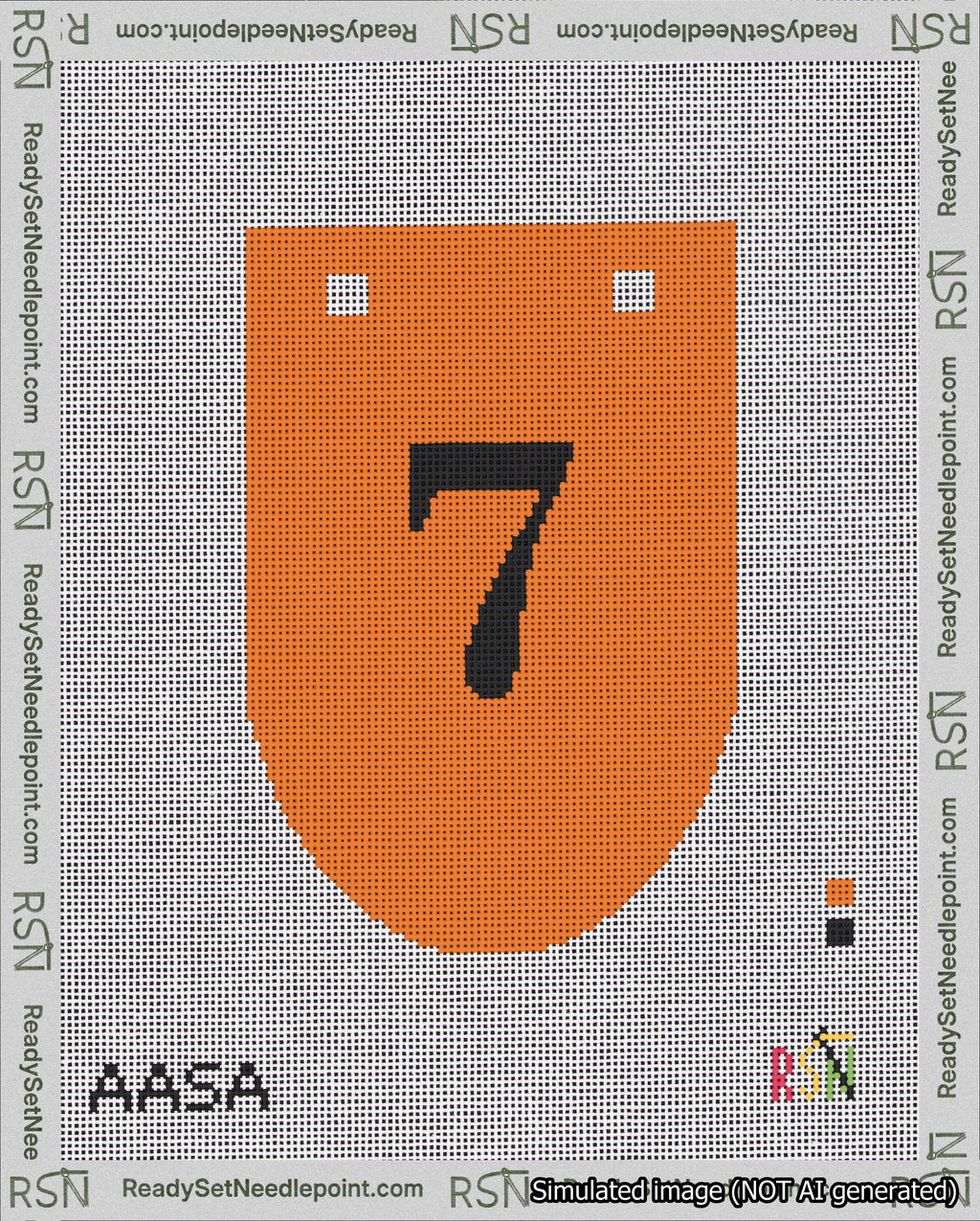 A taped needlepoint canvas with the design: Banner 18 mesh count Rounded 7 Black on Orange.