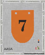 A taped needlepoint canvas with the design: Banner 18 mesh count Rounded 7 Black on Orange.