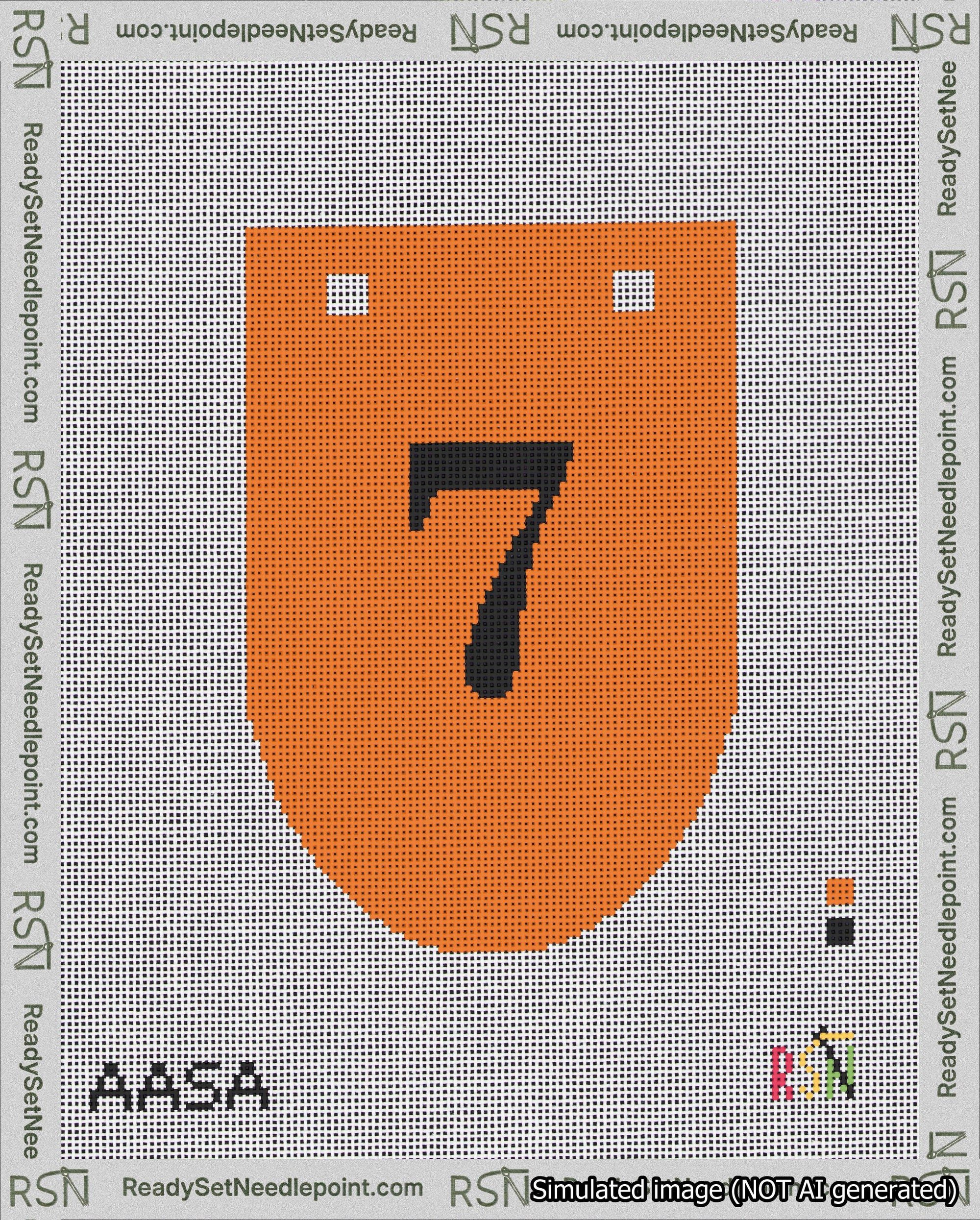 A taped needlepoint canvas with the design: Banner 18 mesh count Rounded 7 Black on Orange.