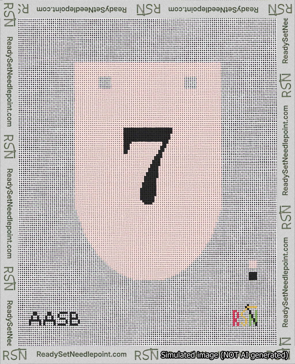 A taped needlepoint canvas with the design: Banner 18 mesh count Rounded 7 Black on Pink.