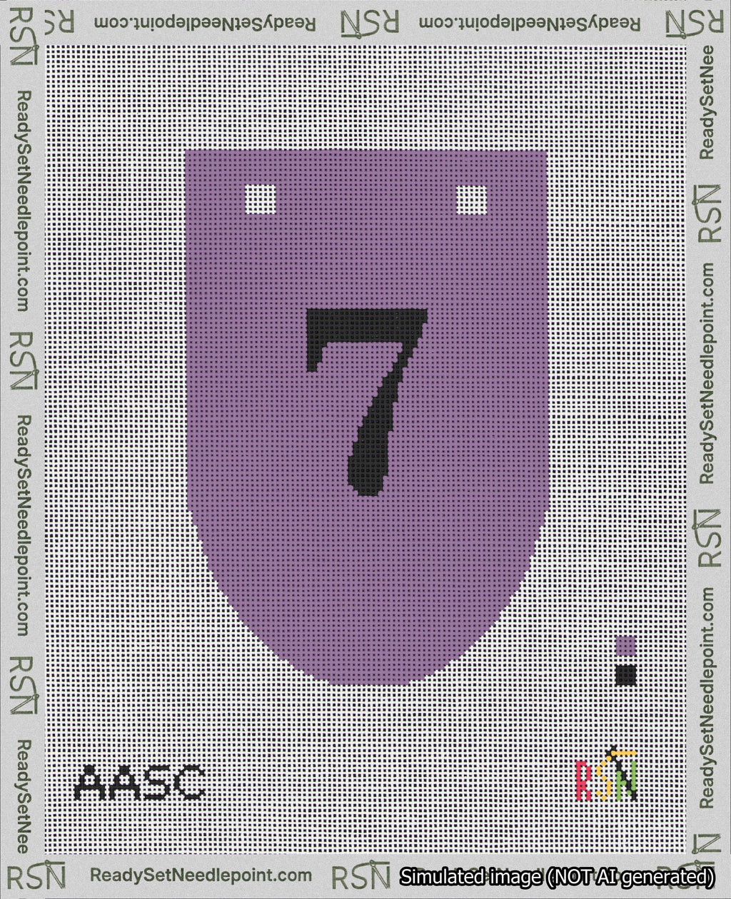 A taped needlepoint canvas with the design: Banner 18 mesh count Rounded 7 Black on Purple.
