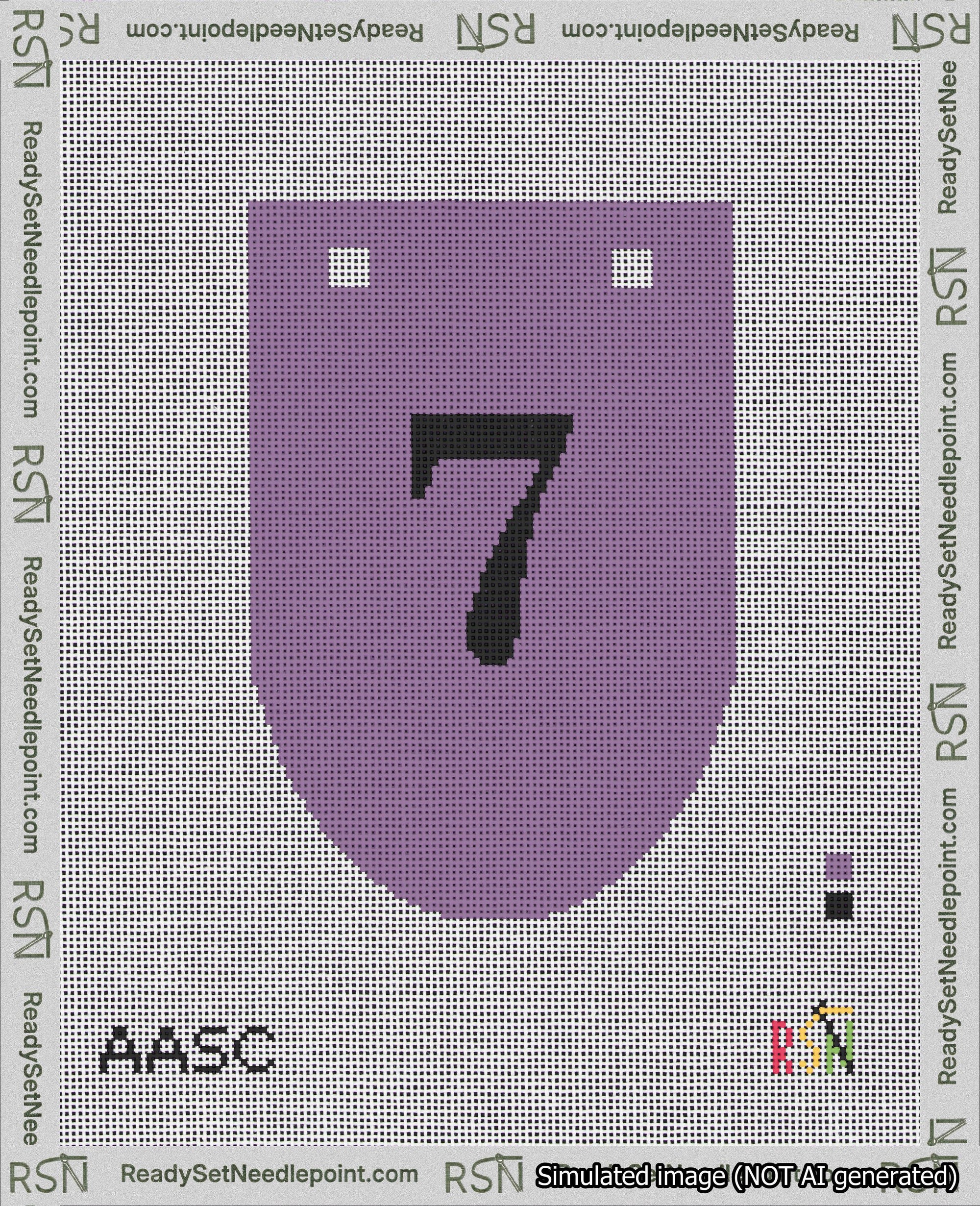 A taped needlepoint canvas with the design: Banner 18 mesh count Rounded 7 Black on Purple.