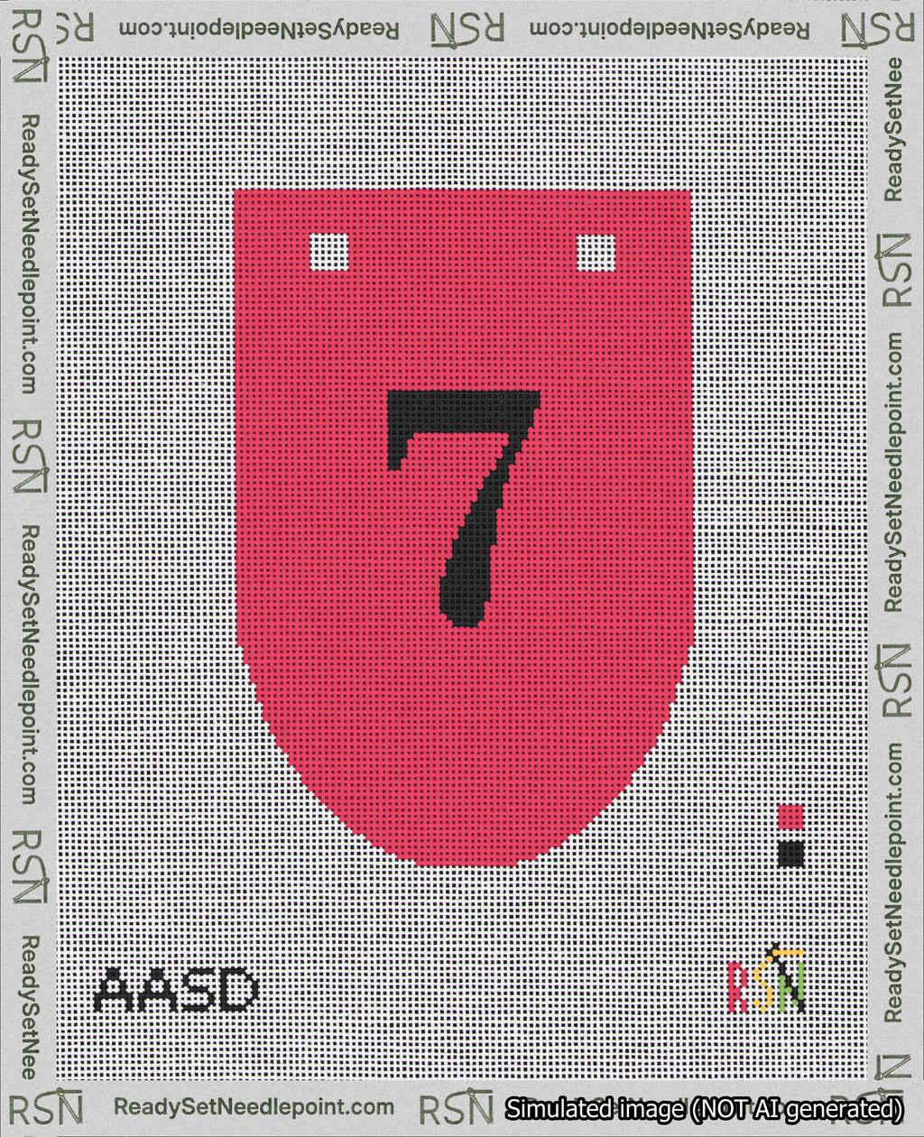 A taped needlepoint canvas with the design: Banner 18 mesh count Rounded 7 Black on Red.