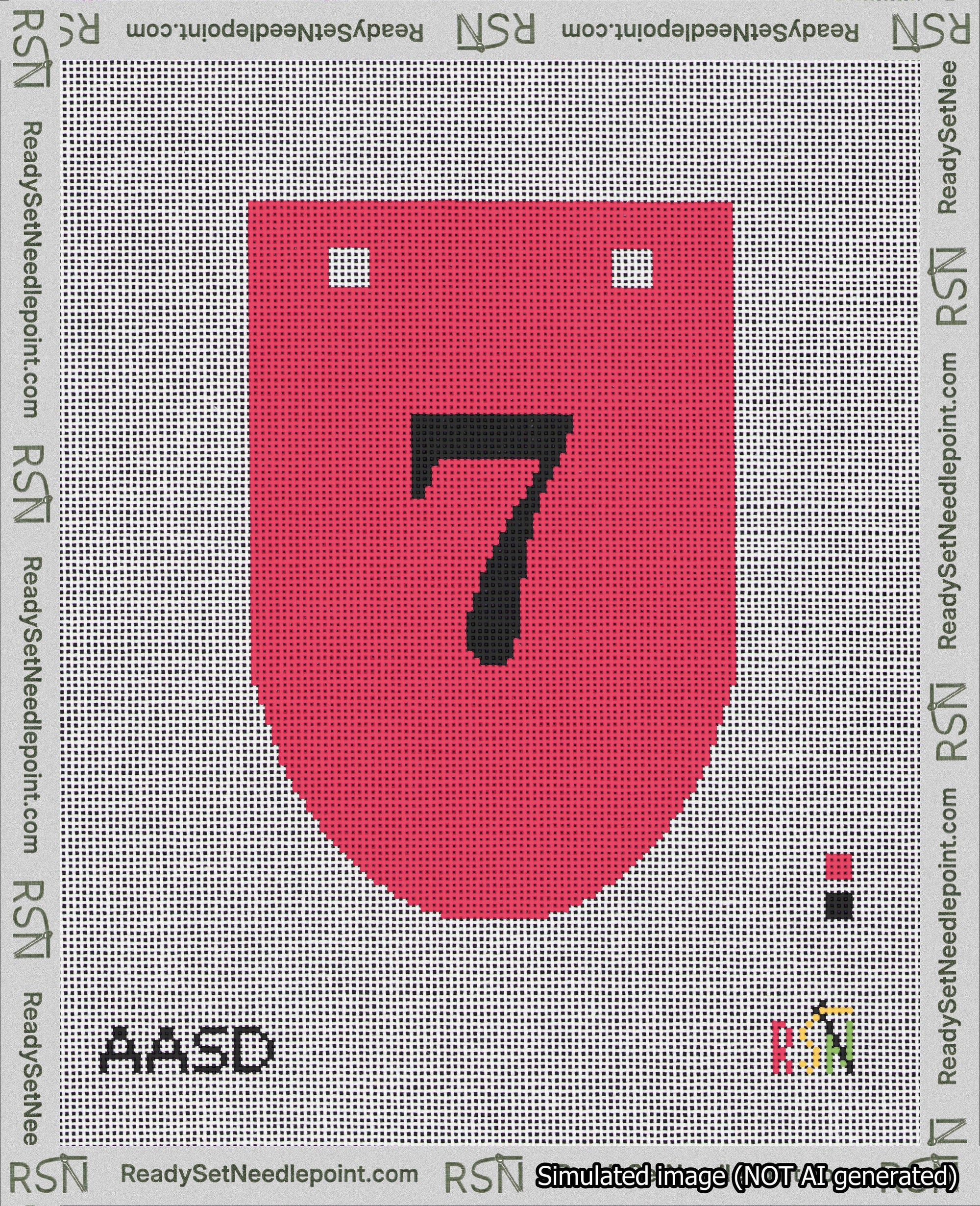A taped needlepoint canvas with the design: Banner 18 mesh count Rounded 7 Black on Red.