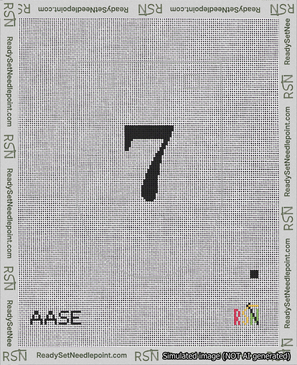 A taped needlepoint canvas with the design: Banner 18 mesh count Rounded 7 Black on White.