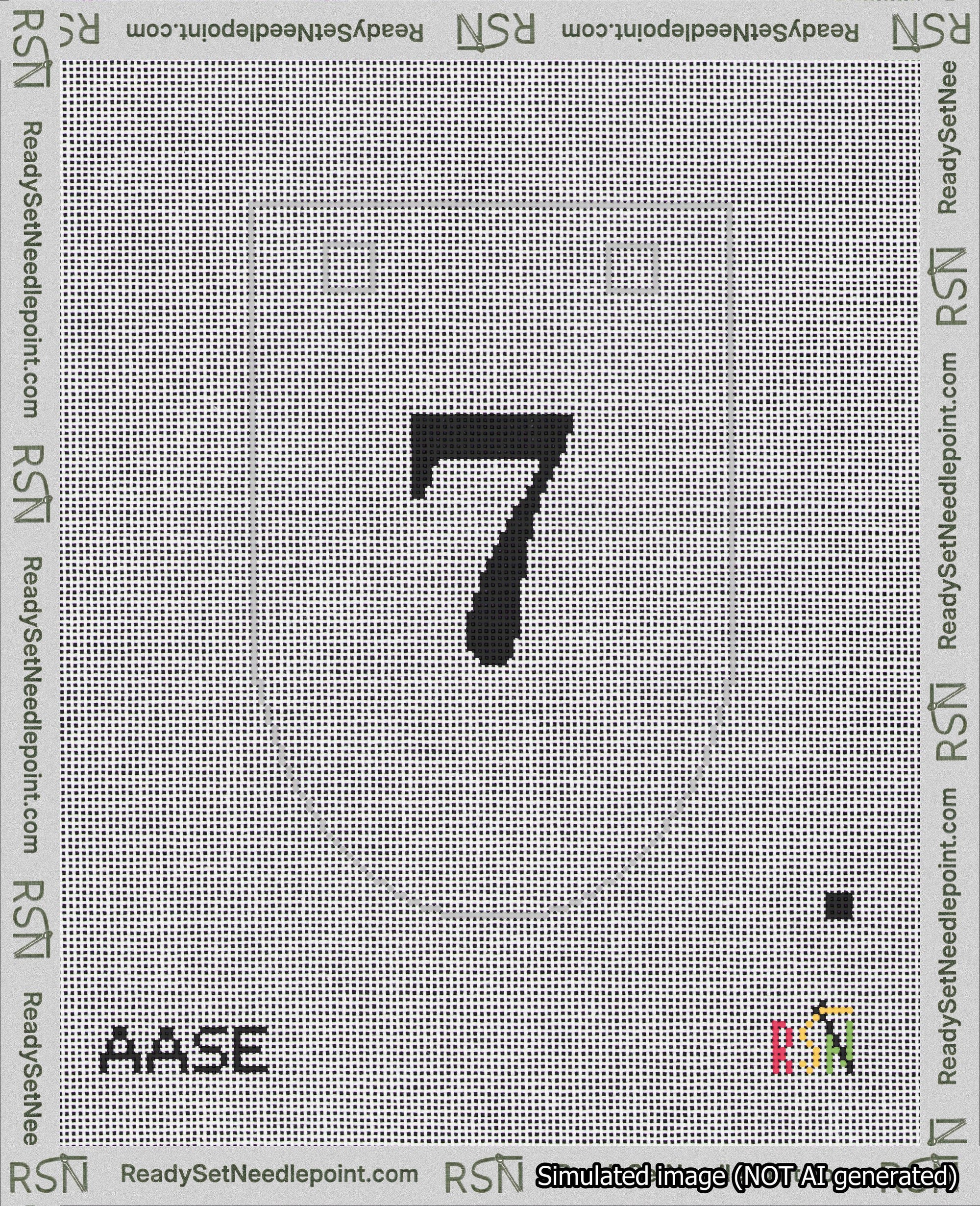 A taped needlepoint canvas with the design: Banner 18 mesh count Rounded 7 Black on White.