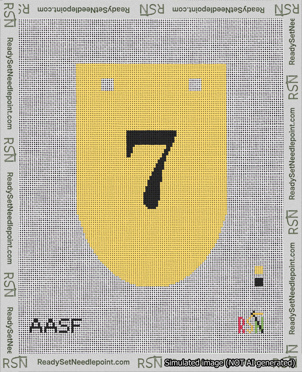 A taped needlepoint canvas with the design: Banner 18 mesh count Rounded 7 Black on Yellow.