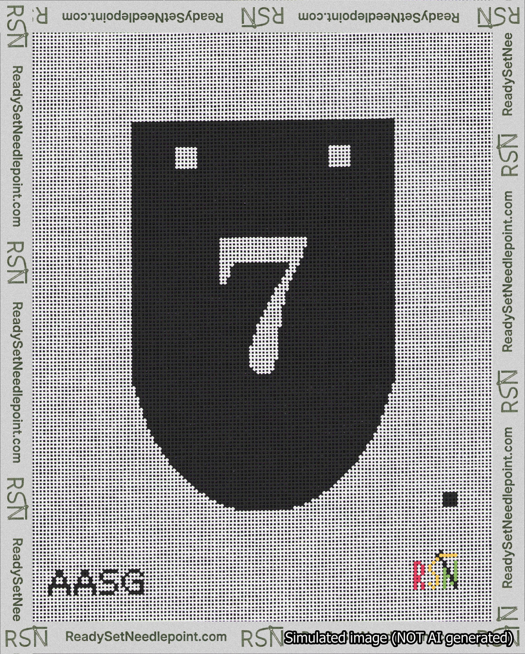 A taped needlepoint canvas with the design: Banner 18 mesh count Rounded 7 White on Black.