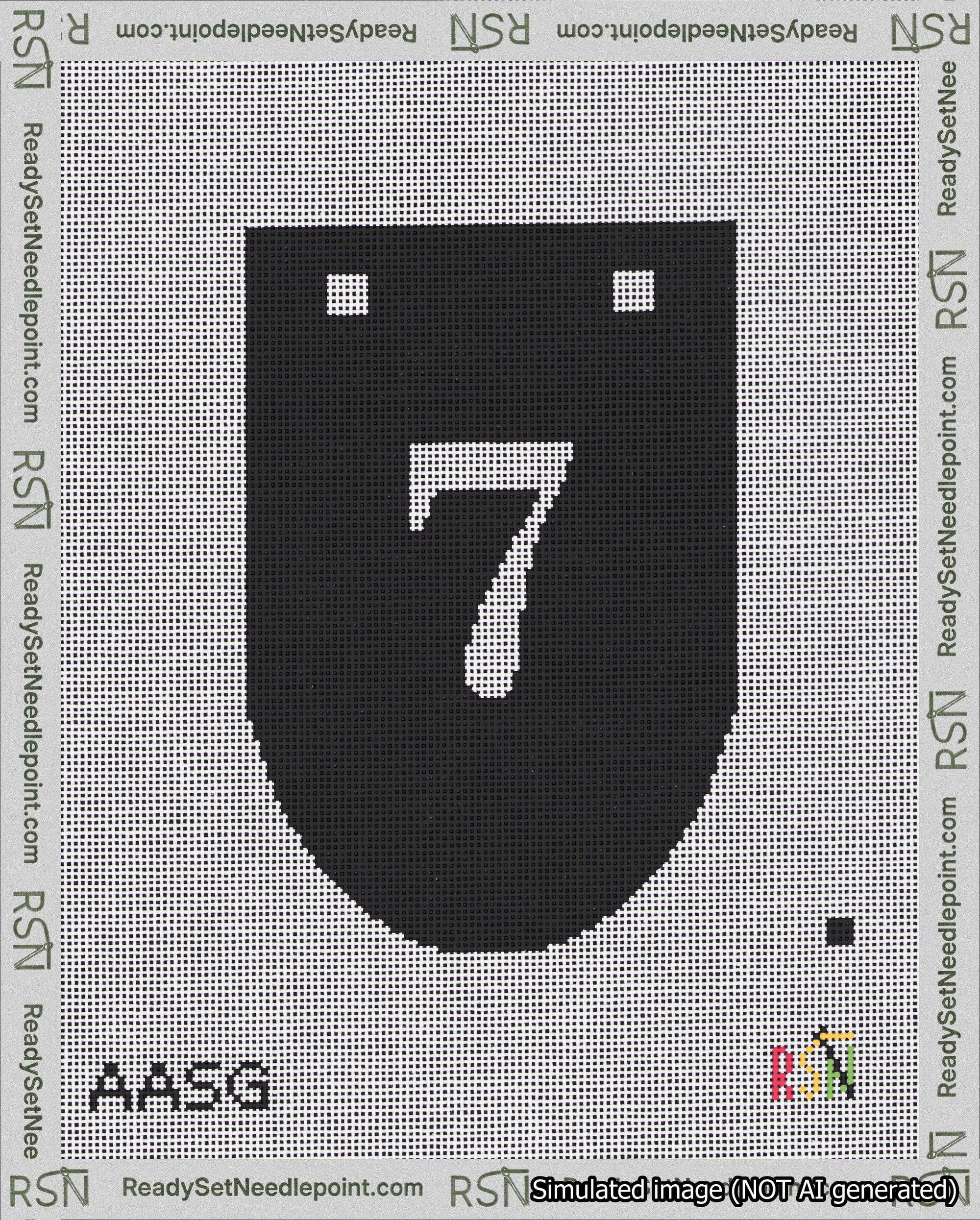 A taped needlepoint canvas with the design: Banner 18 mesh count Rounded 7 White on Black.