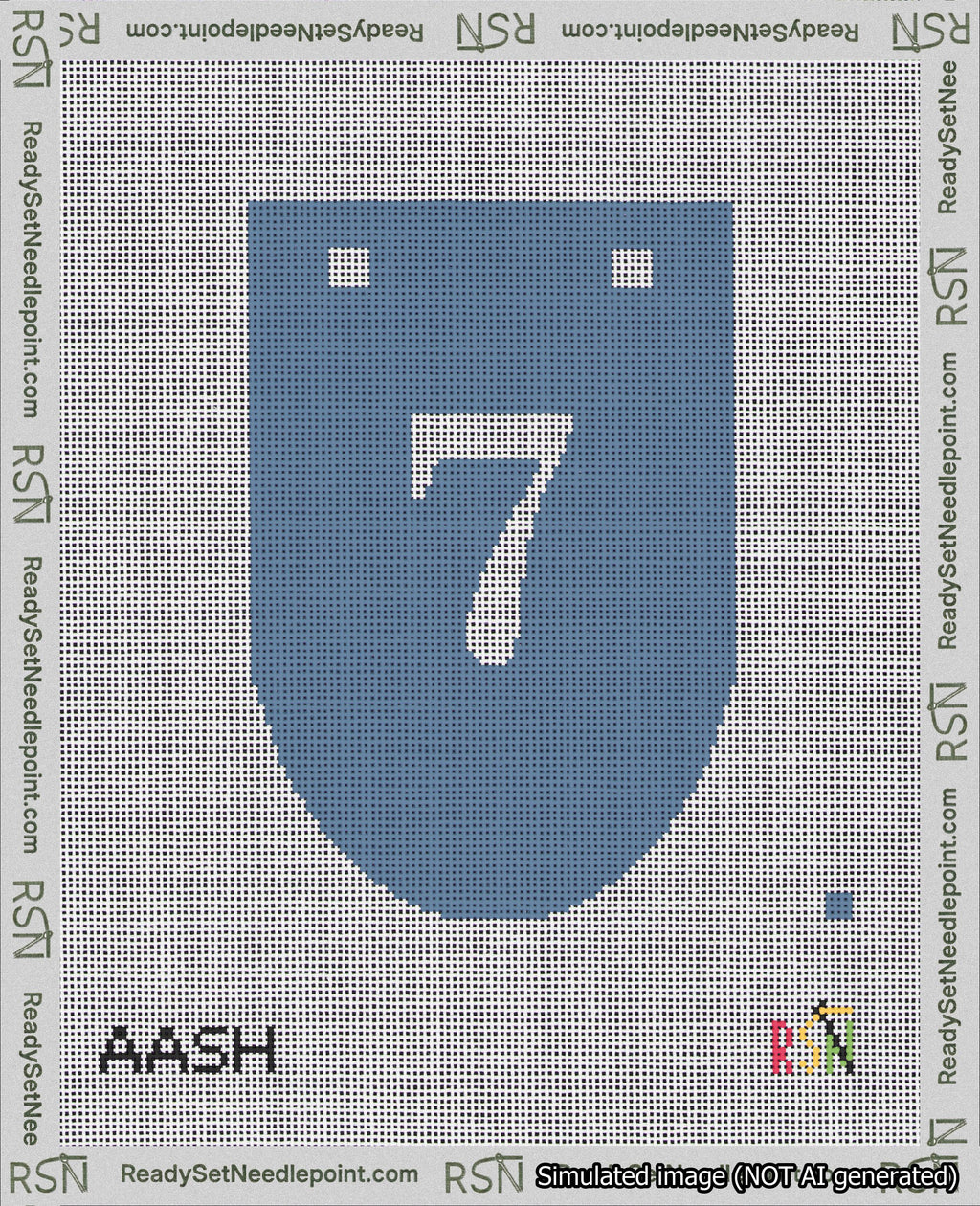 A taped needlepoint canvas with the design: Banner 18 mesh count Rounded 7 White on Blue.