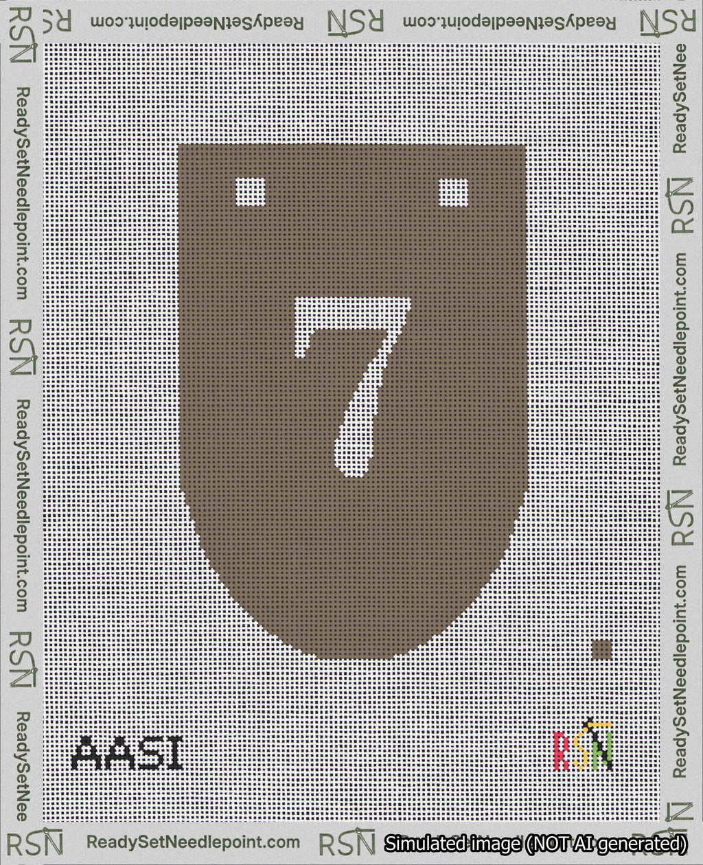 A taped needlepoint canvas with the design: Banner 18 mesh count Rounded 7 White on Brown.