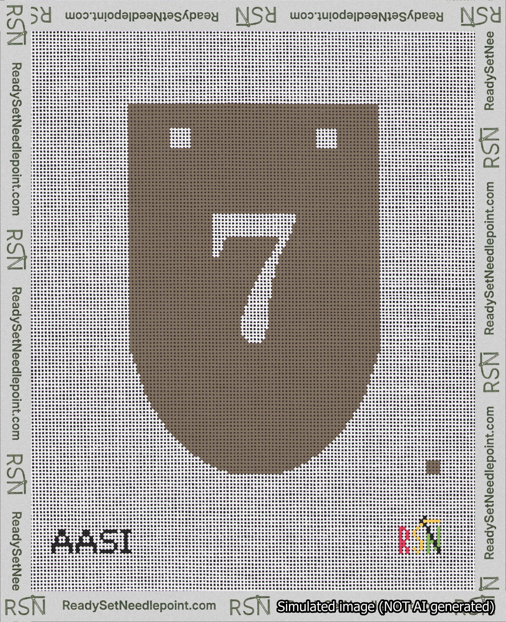 A taped needlepoint canvas with the design: Banner 18 mesh count Rounded 7 White on Brown.