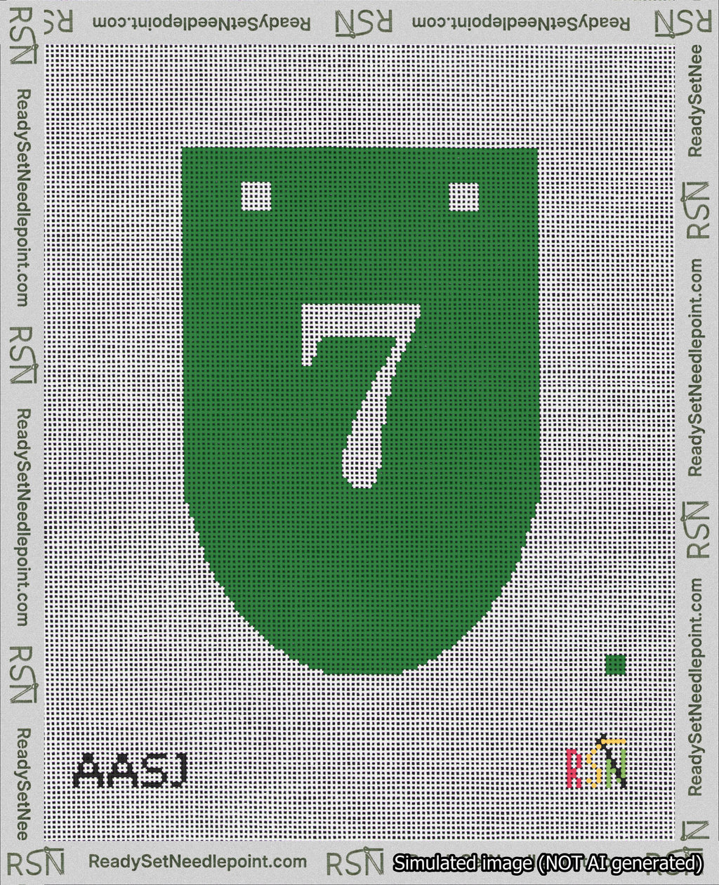 A taped needlepoint canvas with the design: Banner 18 mesh count Rounded 7 White on Green.