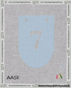 A taped needlepoint canvas with the design: Banner 18 mesh count Rounded 7 White on Light Blue.