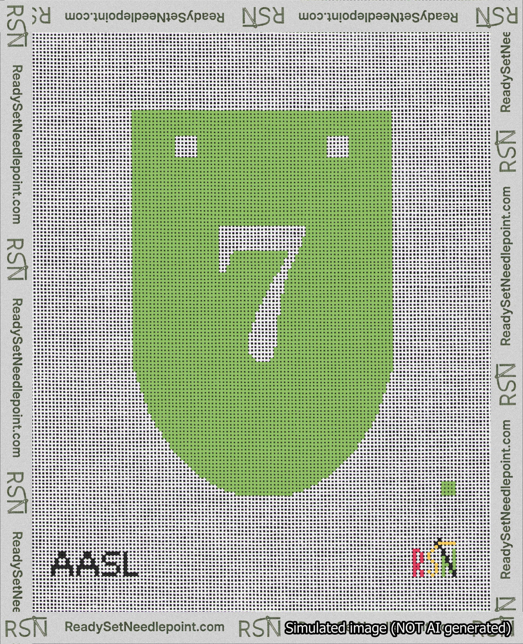 A taped needlepoint canvas with the design: Banner 18 mesh count Rounded 7 White on Light Green.