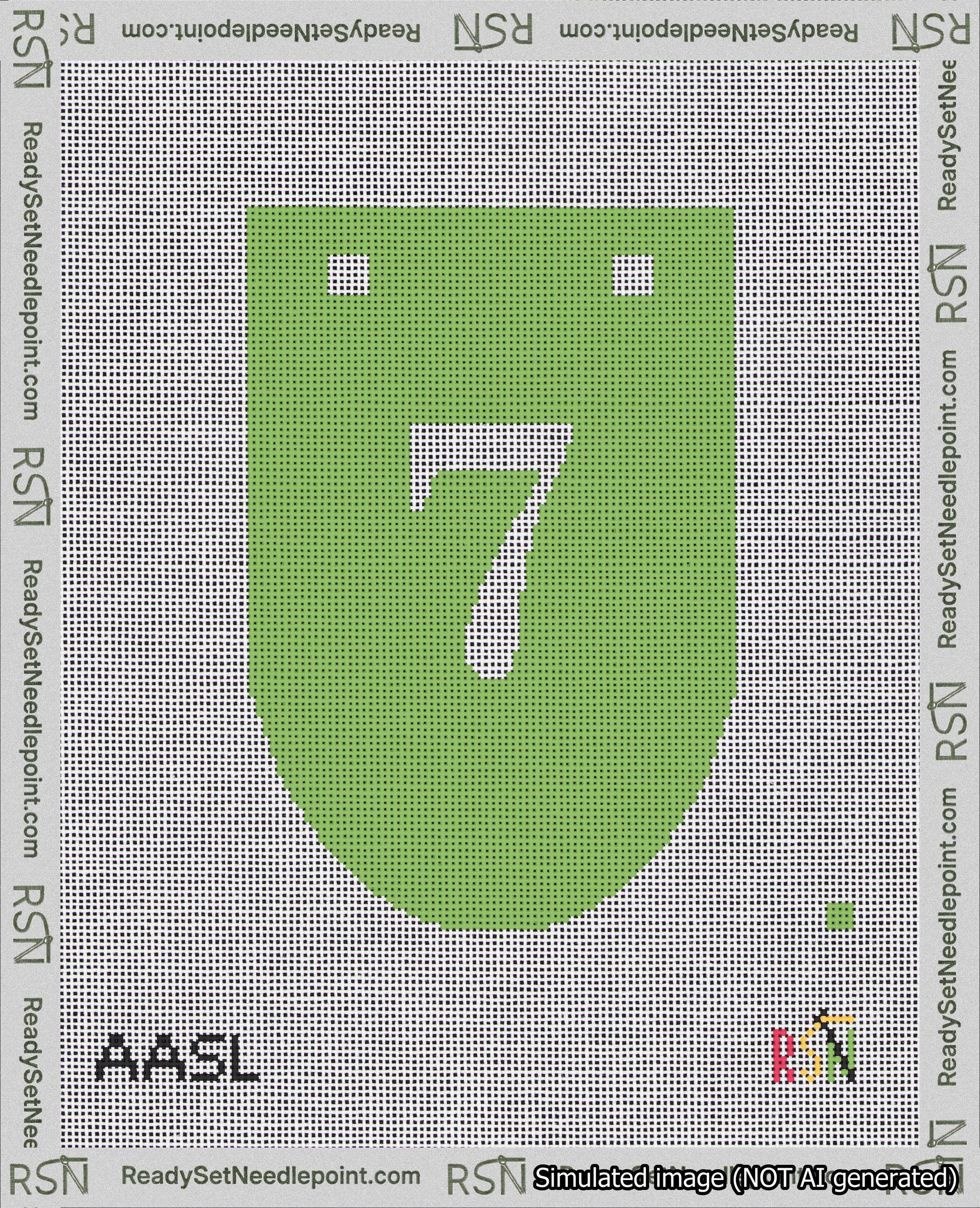 A taped needlepoint canvas with the design: Banner 18 mesh count Rounded 7 White on Light Green.