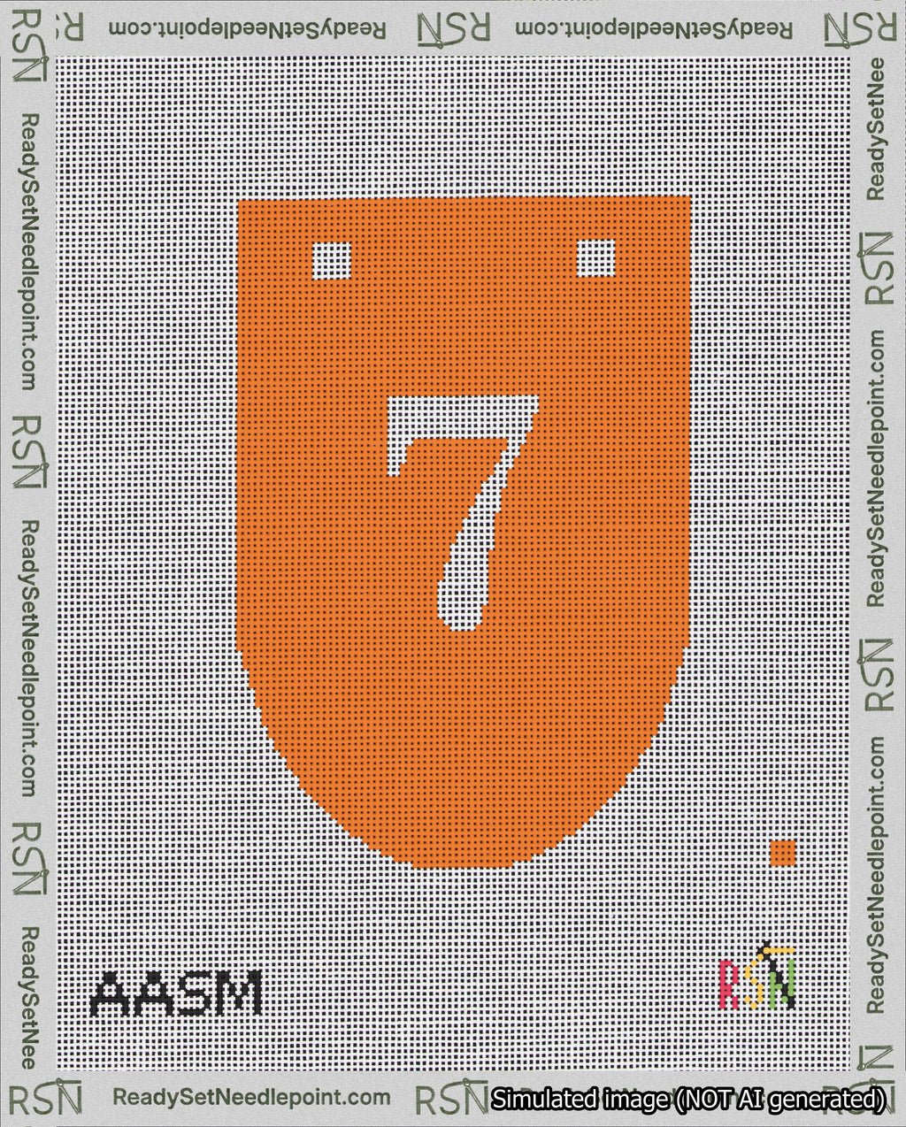 A taped needlepoint canvas with the design: Banner 18 mesh count Rounded 7 White on Orange.