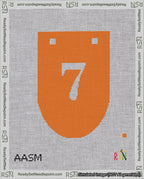A taped needlepoint canvas with the design: Banner 18 mesh count Rounded 7 White on Orange.