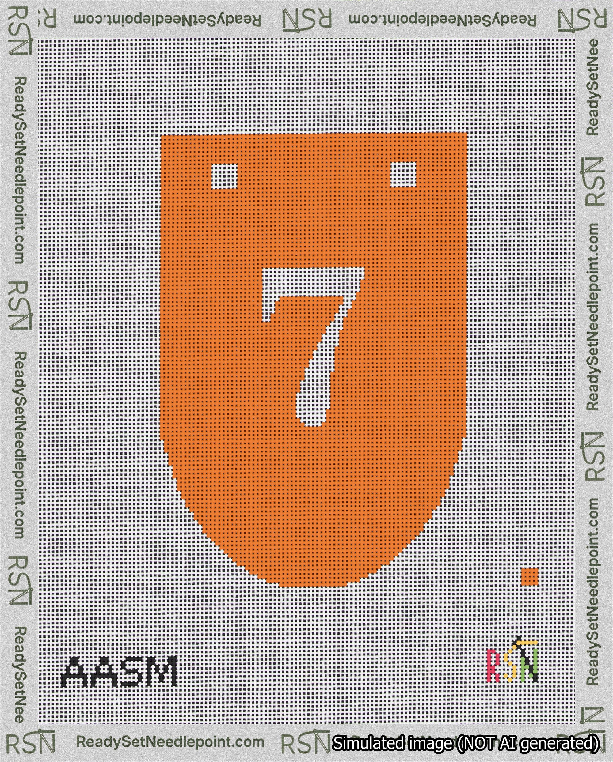 A taped needlepoint canvas with the design: Banner 18 mesh count Rounded 7 White on Orange.