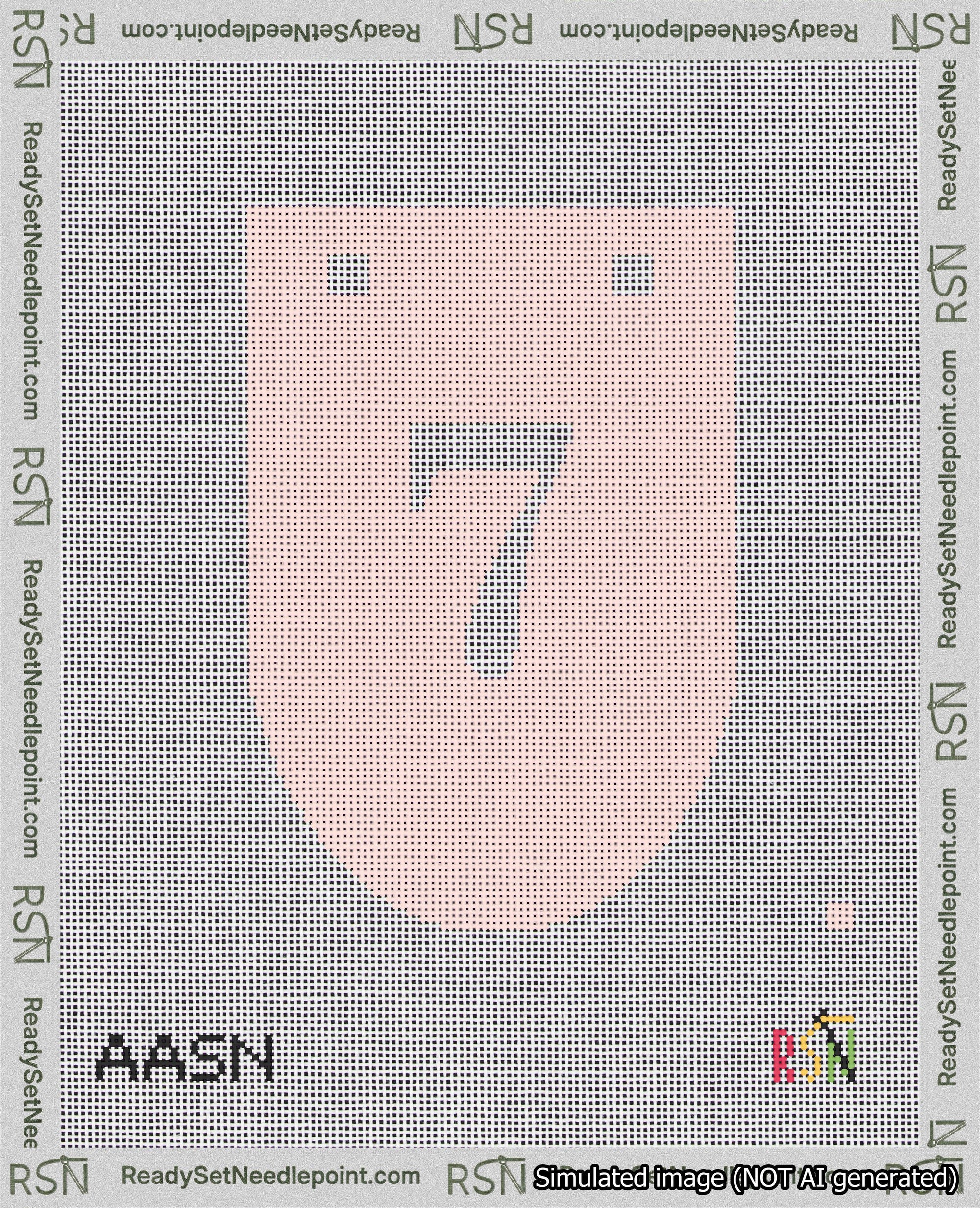 A taped needlepoint canvas with the design: Banner 18 mesh count Rounded 7 White on Pink.