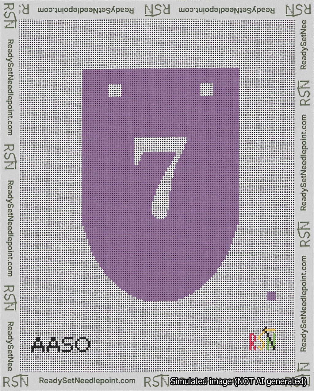 A taped needlepoint canvas with the design: Banner 18 mesh count Rounded 7 White on Purple.