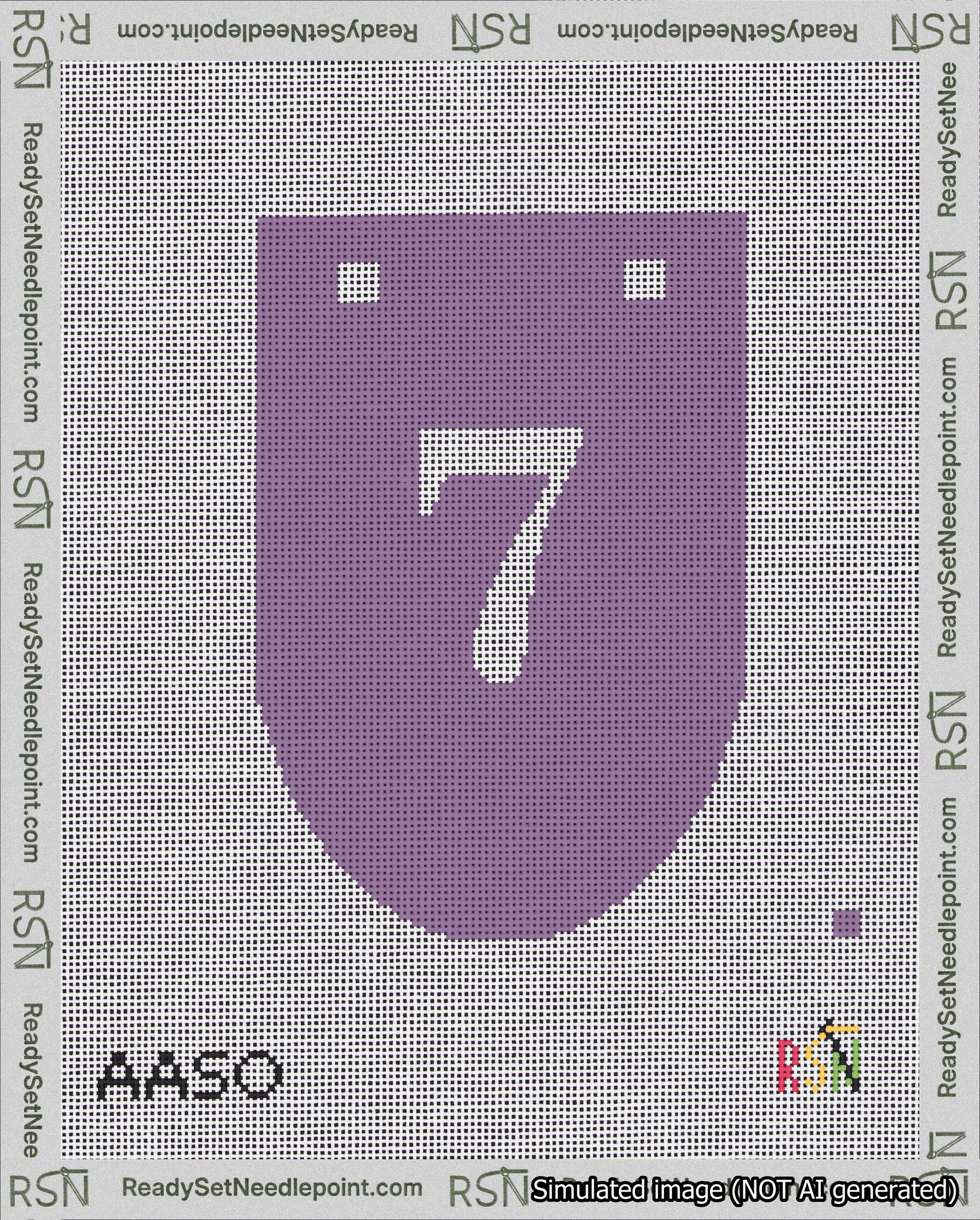 A taped needlepoint canvas with the design: Banner 18 mesh count Rounded 7 White on Purple.