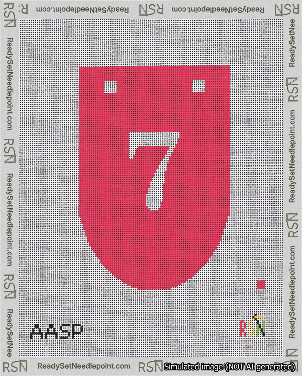 A taped needlepoint canvas with the design: Banner 18 mesh count Rounded 7 White on Red.