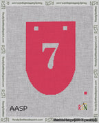 A taped needlepoint canvas with the design: Banner 18 mesh count Rounded 7 White on Red.