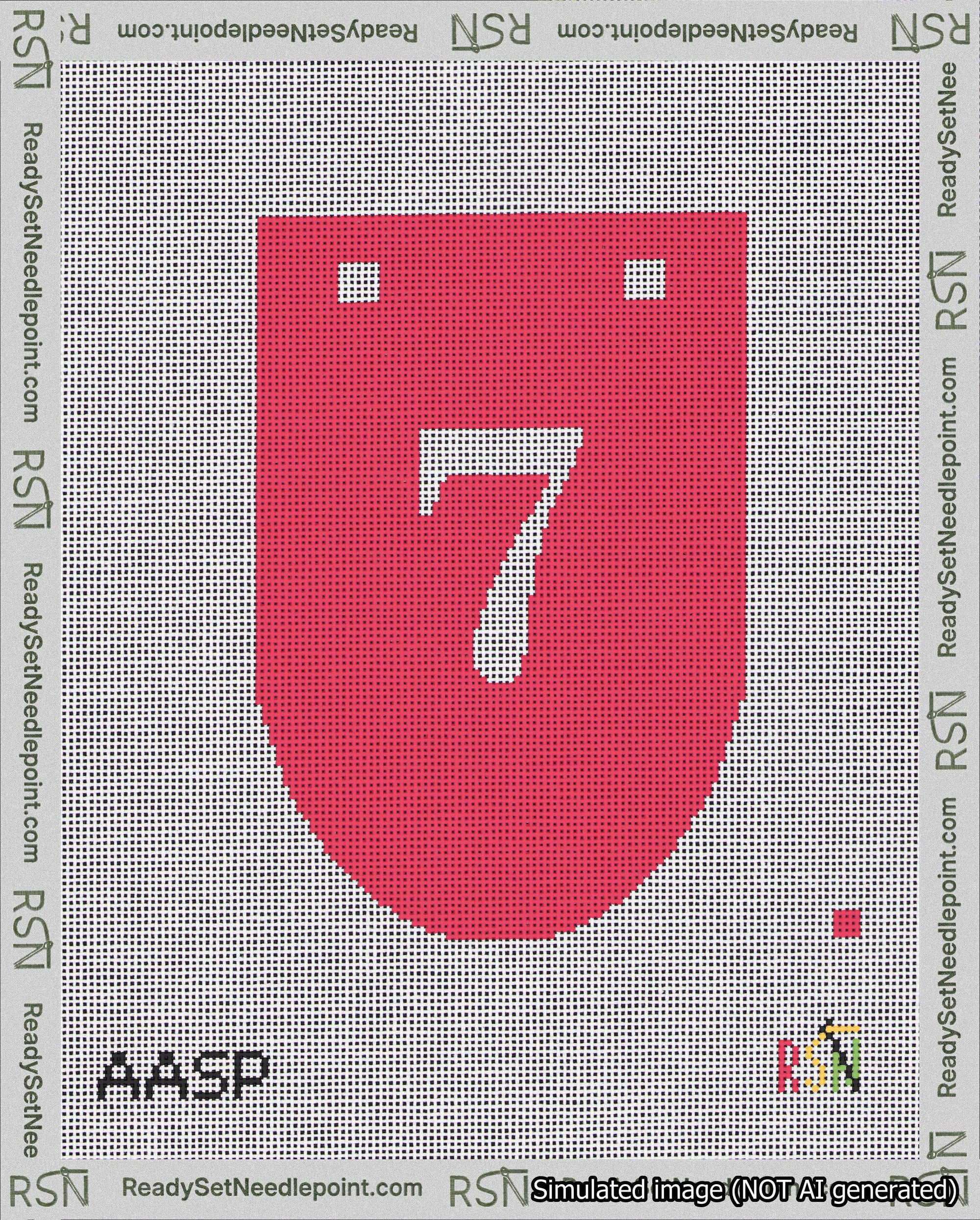 A taped needlepoint canvas with the design: Banner 18 mesh count Rounded 7 White on Red.