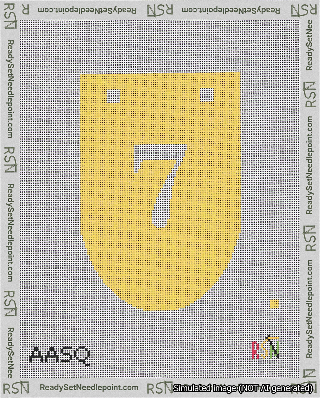 A taped needlepoint canvas with the design: Banner 18 mesh count Rounded 7 White on Yellow.