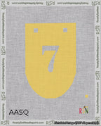 A taped needlepoint canvas with the design: Banner 18 mesh count Rounded 7 White on Yellow.