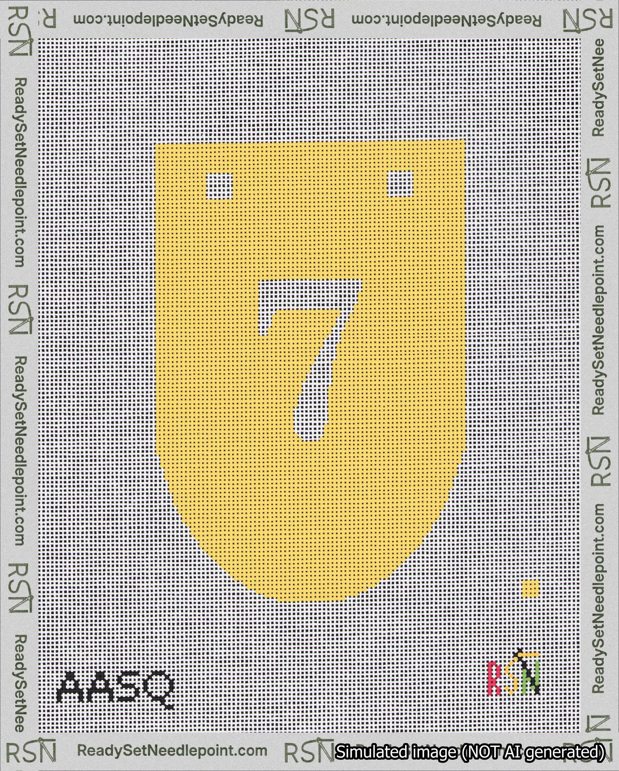 A taped needlepoint canvas with the design: Banner 18 mesh count Rounded 7 White on Yellow.