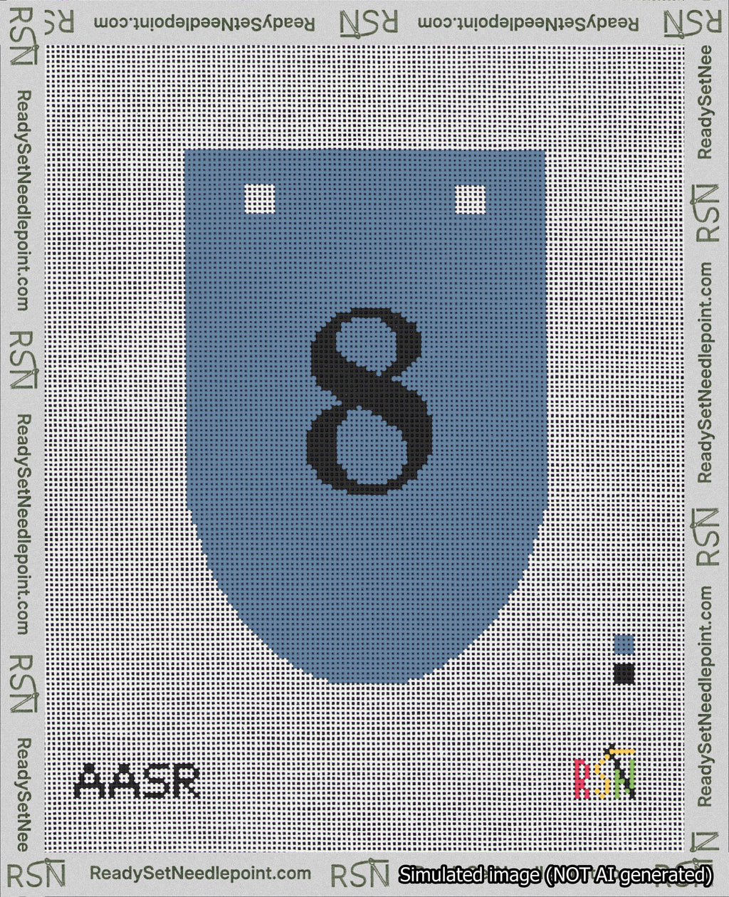A taped needlepoint canvas with the design: Banner 18 mesh count Rounded 8 Black on Blue.